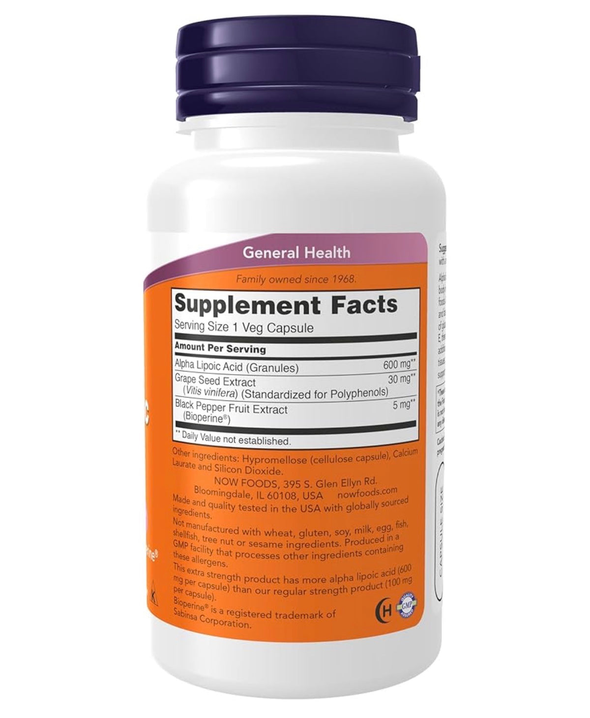 NOW Extra Strength Alpha Lipoic Acid 600mg with Grape Seed Extract & Bioperine | Supports Glutathione Production | Free Radical Scavenger | 60 Capsules; Exp 06/2030