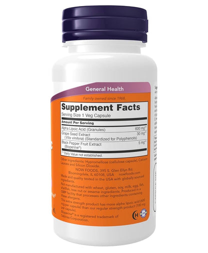NOW Extra Strength Alpha Lipoic Acid 600mg with Grape Seed Extract & Bioperine | Supports Glutathione Production | Free Radical Scavenger | 60 Capsules; Exp 06/2030