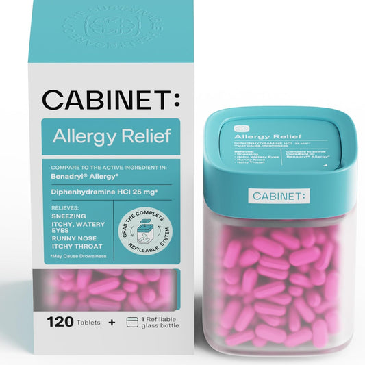 Cabinet: Diphenhydramine 25mg Allergy Relief Antihistamine Tablets | for Allergies, Hay Fever and Runny Nose | (Refillable Glass Bottle) 120 Tablets; Exp 11/2025