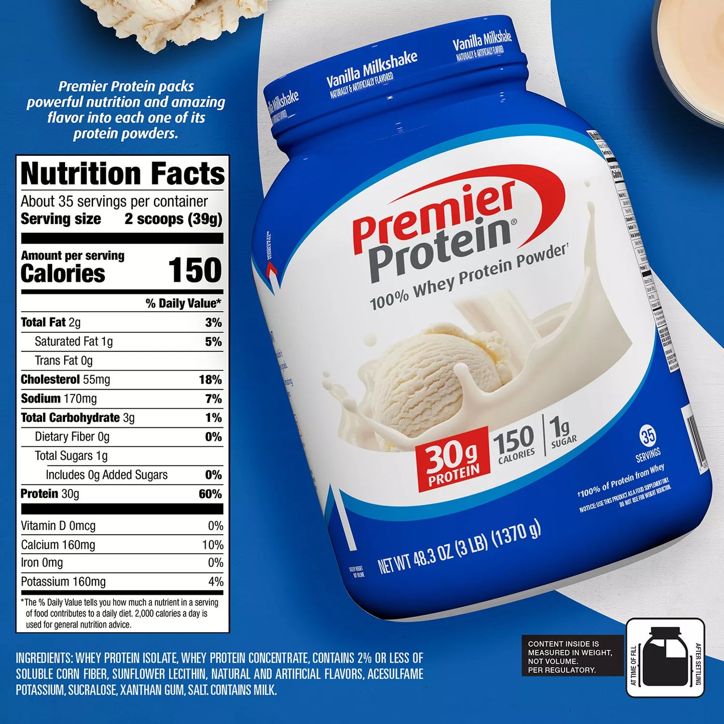 Premier Protein 100% Whey Protein Powder | 35 Day Supply | 30g Protein | Value Size | Vanilla Milkshake ~ 48.3oz/1370g/3LB; Exp 12/2026