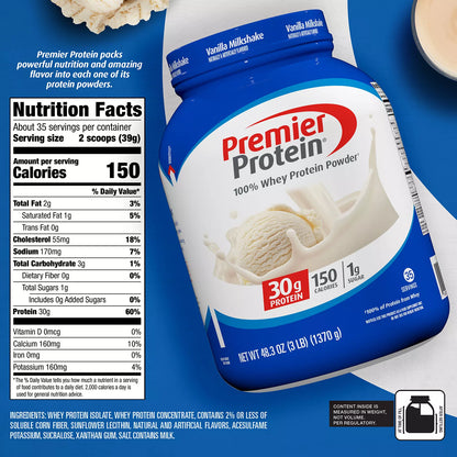 Premier Protein 100% Whey Protein Powder | 35 Day Supply | 30g Protein | Value Size | Vanilla Milkshake ~ 48.3oz/1370g/3LB; Exp 12/2026