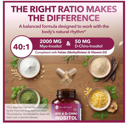 Intimate Rose Myo-Inositol & D-Chiro Inositol with Methylfolate & Vitamin D | Supports Hormonal Balance, Regular Cycles & Ovarian Health | 30-Day Supply | 40:1 Ratio | 120 Capsules; Exp 11/2027