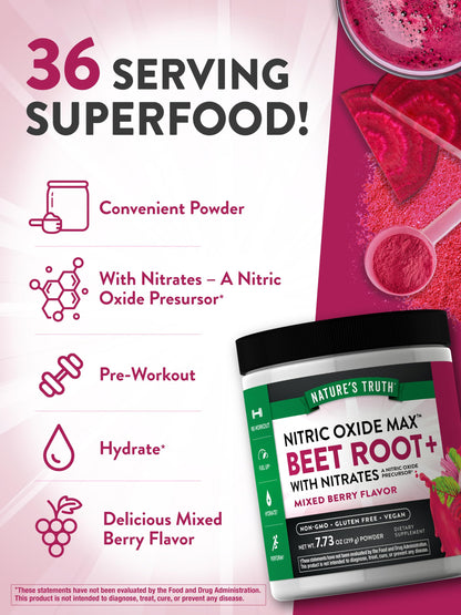 Nature's Truth Organic Beet Root Powder | Nitric Oxide Supplement for Men and Women | Pre-WorkOut | 36 Servings 6.1oz/173g Exp 10/2025