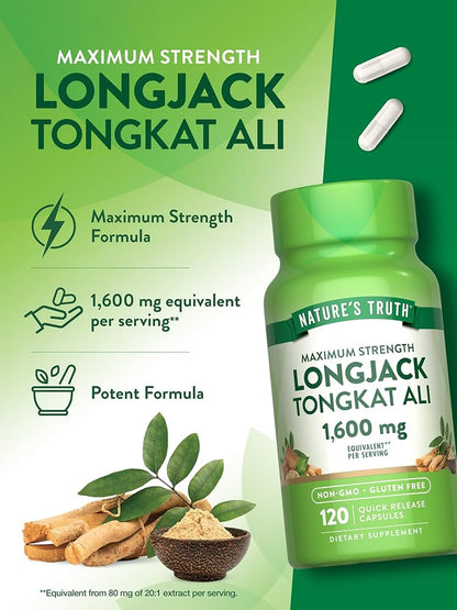 Nature’s Truth Maximum Strength Long Jack Tongkat Ali 1600 mg (per serving) | Concentrated Extract | 120 Quick Release Capsules; Exp 10/2027