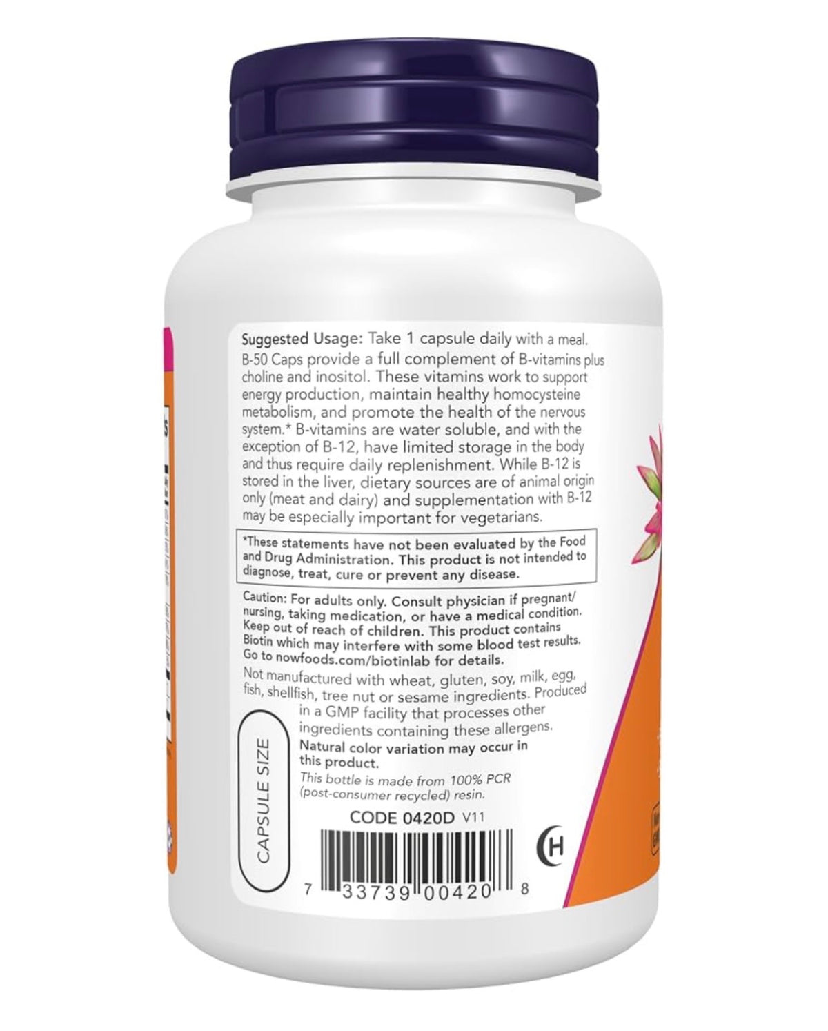 NOW B50 | Vitamin B-Complex + Choline, PABA & Inositol (B-50) | Supports Energy Production & Nervous System Health | 100 Capsules; Exp 07/2028