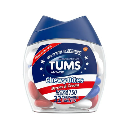 TUMS Chewy Bites Antacid | Extra Strength Calcium Carbonate 750mg | Heartburn & Acid Indigestion Relief | Berries & Cream Flavor ~ 32 Chewable Tablets; 08/2026