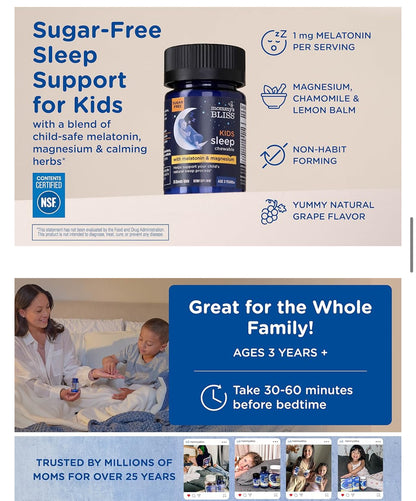 Mommy's Bliss Kids Sleep Chewable | For Kids Age 3 & Above |  35 Servings | Contains Melatonin, Magnesium & Calming Herbs | Sugar Free | Grape Flavor ~ 35 Chewable Tablets; Exp 09/2025