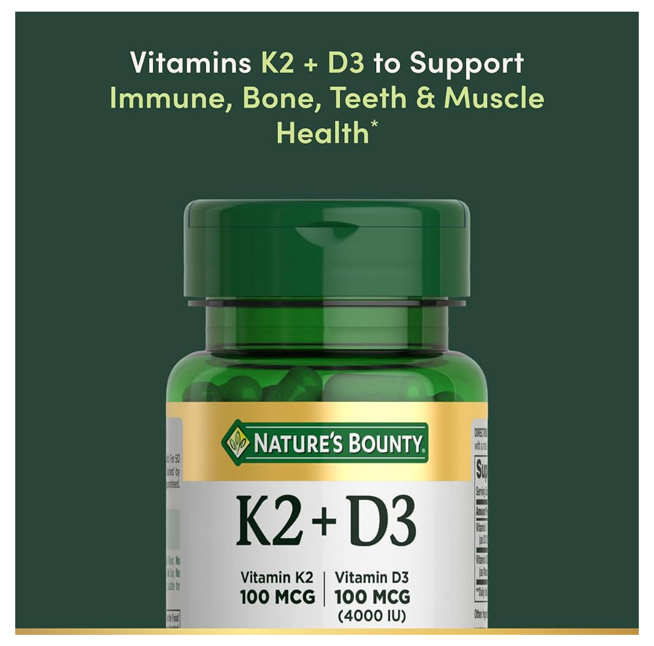 Nature’s Bounty Vitamin K2 + D3 | 4000 IU Vit D3 + 100 mcg Vit K2 | Supports Healthy Artery Function & Strong Bones | 30 Capsules; Exp 12/2026