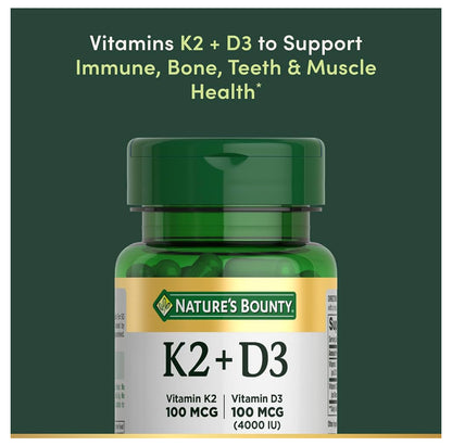 Nature’s Bounty Vitamin K2 + D3 | 4000 IU Vit D3 + 100 mcg Vit K2 | Supports Healthy Artery Function & Strong Bones | 30 Capsules; Exp 12/2026