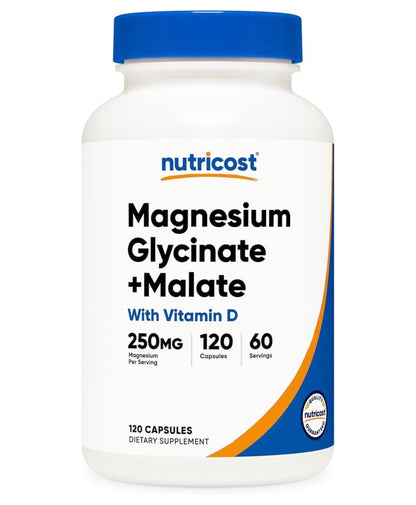 Nutricost Magnesium Glycinate + Malate 250mg With Vitamin D | Highly Bioavailable for Healthy Sleep & Stress Support | 120 Capsules; Exp 05/2029