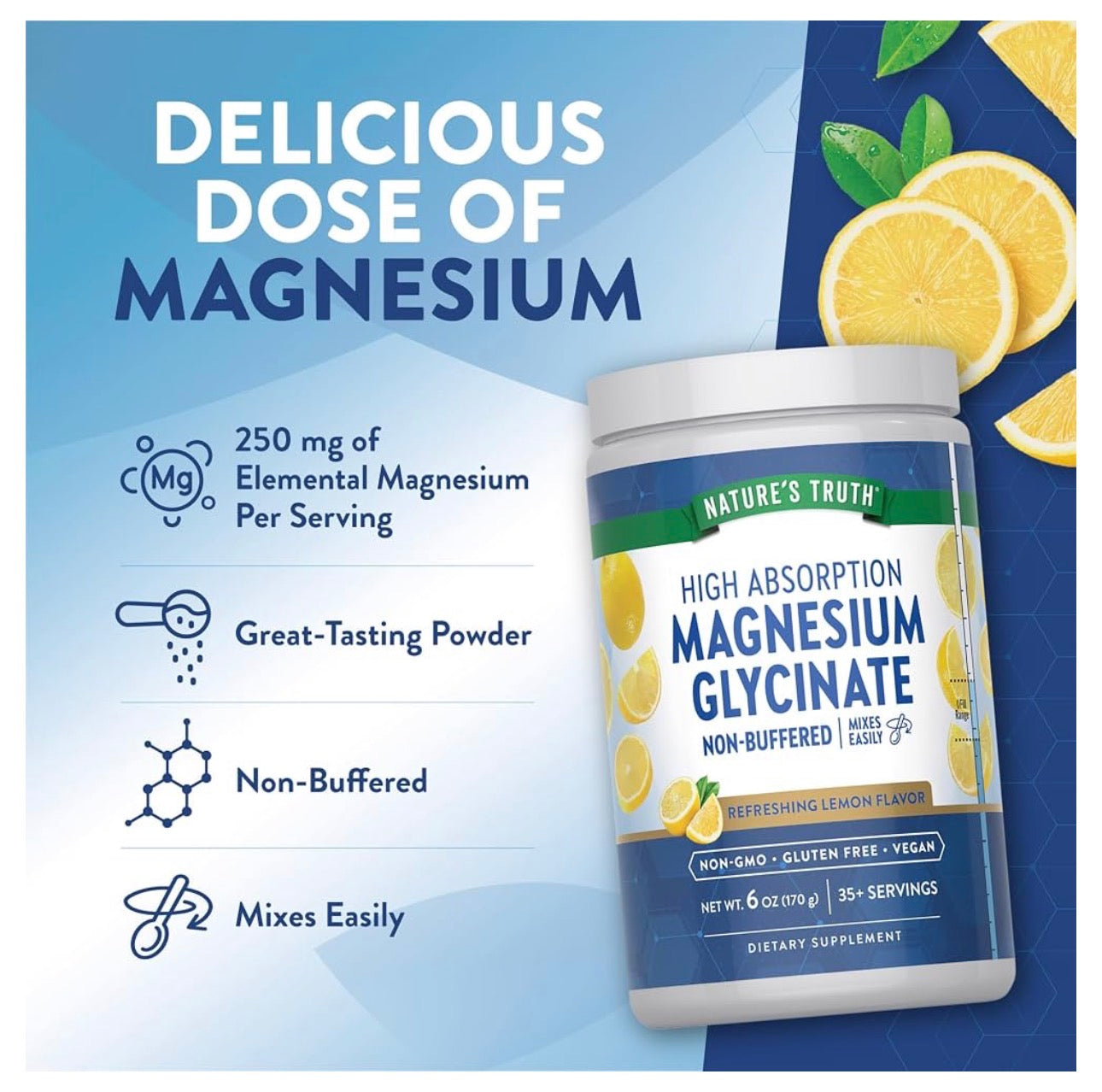 Nature's Truth Magnesium Glycinate 250mg Powder | Supports Muscle Relaxation | Supports Bone, Heart, and Nerve Health | 38 Servings | Lemon Flavor ~ 170g; Exp 10/2027