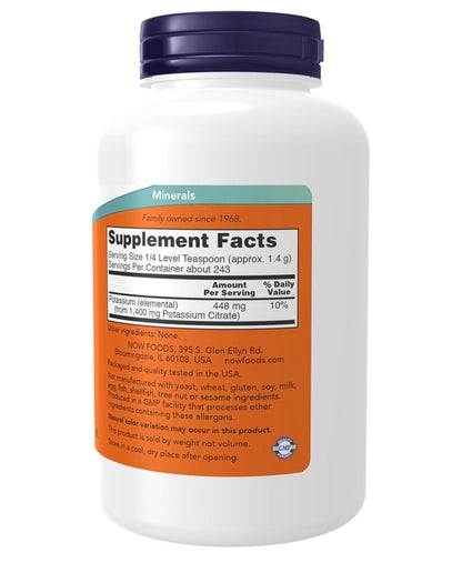 NOW Potassium Citrate Powder | Supports Electrolyte Balance & Normal pH | 12oz/340g; Exp 04/2030