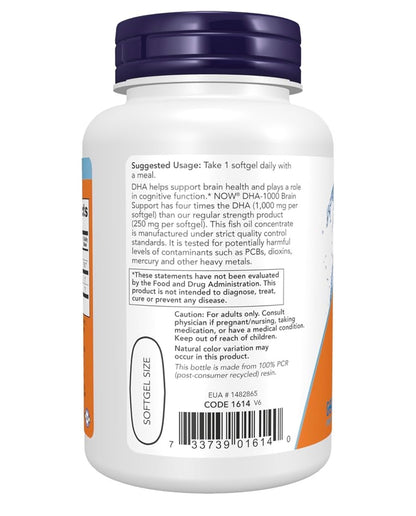 NOW Extra Strength DHA-1000 Fish Oil (Docosahexaenoic acid) | 1000 DHA per Softgel | Supports Brain Health | 90 Softgels; Exp 06/2029