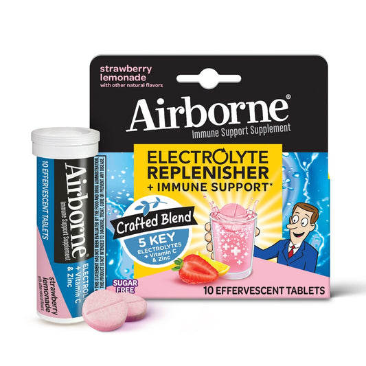 Airborne Electrolyte Replenisher + Immune Support | Strawberry Lemonade Flavor, 10 Effervescent Tablets; Exp 8/2025
