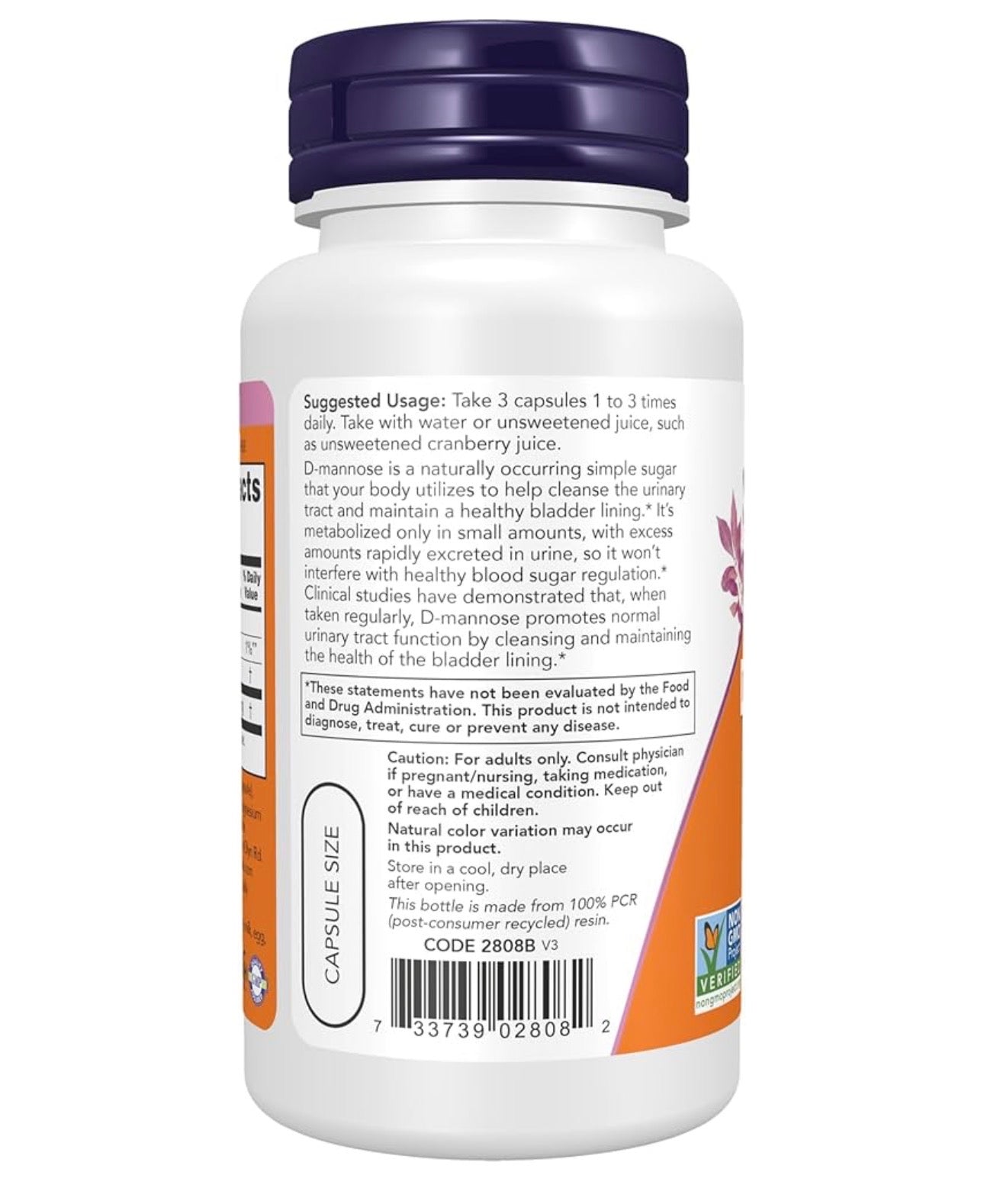 Now D-Mannose 500 mg | Promotes Healthy Urinary Tract | Cleanses & Maintains a Healthy Bladder Lining | 60 Capsules; Exp 12/2029