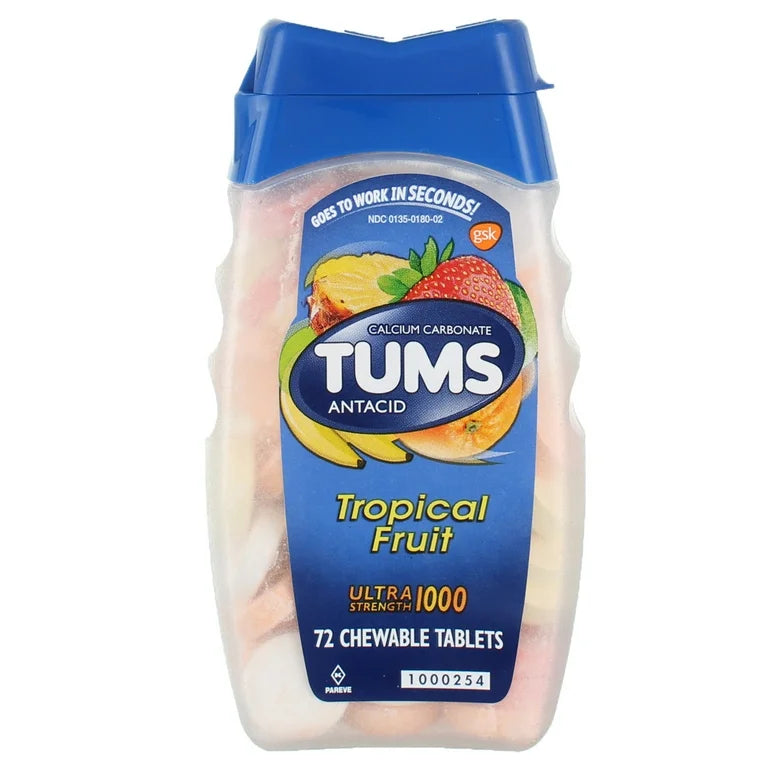 TUMS Ultra Strength Heartburn Relief Chewable Antacid Tablets | 1000mg Calcium Carbonate | Tropical Fruit Flavor | 72 Chewable; Tablets Exp 04/2028