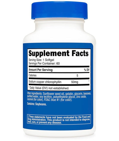 Nutricost Chlorophyll 50mg | Sodium Copper Chlorophyllin | Helps Reduce Body Odor | Promotes Detoxification | Antioxidant Support | 60 Softgels; Exp 10/2028
