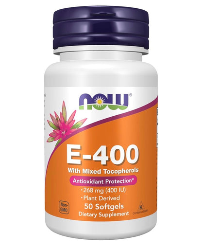 NOW Vitamin E-400iu (268mg) with Mixed Tocopherols (E400)| Antioxidant Protection | 50 Softgels; Exp 05/2030