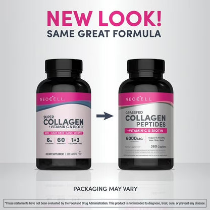 NeoCell Grassfed Collagen + Vitamin C + Biotin | For Glowing Skin | Formerly Super Collagen | Supports Healthy Skin, Hair, Nails & Joints | 360 Tablets; Exp 02/2029 - New Look