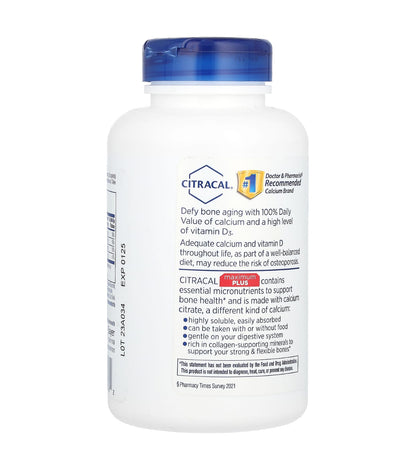 Citracal Maximum Plus +D3 | With Zinc, Copper & Manganese to Support Bone Health | 3 Months Supply | 180 Coated Caplets; Exp 06/2025