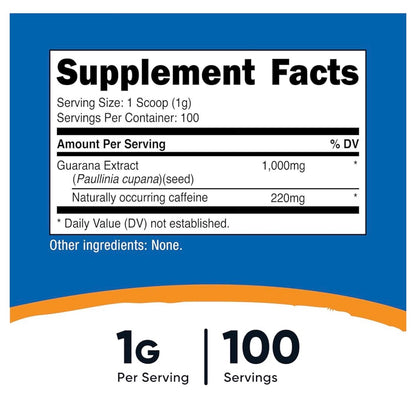 Nutricost Pure Guarana Extract Powder 1000mg | 220mg of Natural Caffeine per Serving | Natural Brazilian Herbal Caffeine/Energizer | 3.6oz/100g; Exp 05/2028