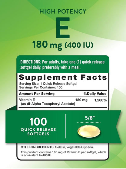 Nature's Truth Vitamin E 180mg (400 IU) | dl-Alpha Tocopheryl Acetate | Antioxidant Support | 100 Softgels; Exp 05/2028