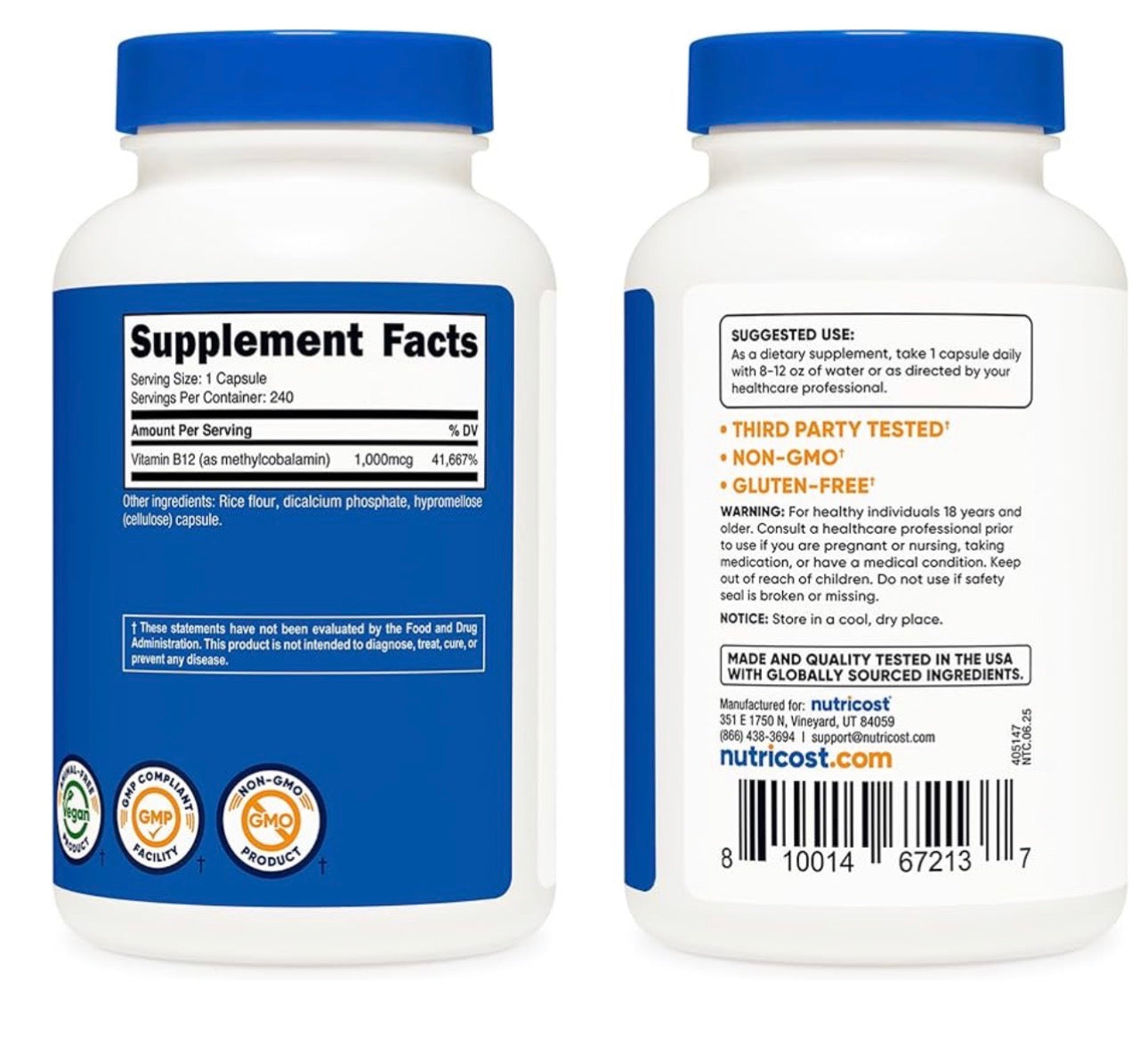 Nutricost Vitamin B12 (Methylcobalamin) 1000mcg | 240 Day Supply | Improves Mood | Supports Healthy Skin and Nails | 240 Capsules; Exp 10/2028