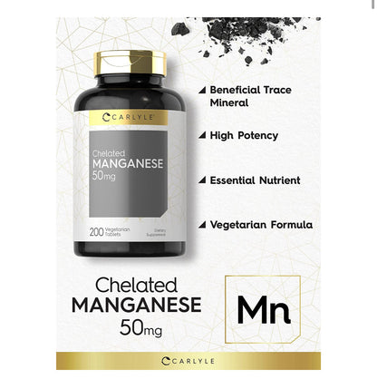 Carlyle Chelated Manganese 50mg | Manganese Gluconate | Supports Collagen Synthesis & Bone Health | 200 Tablets; Exp 02/2027