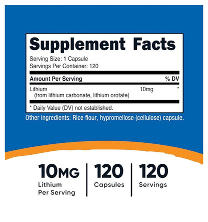 Nutricost Lithium Ororate 10mg | Brain and Nervous System Health | Supports Healthy Mood, Emotional Wellness, Behavior, Memory & Neurotransmitter Activity | 120 Capsules; Exp 09/2028