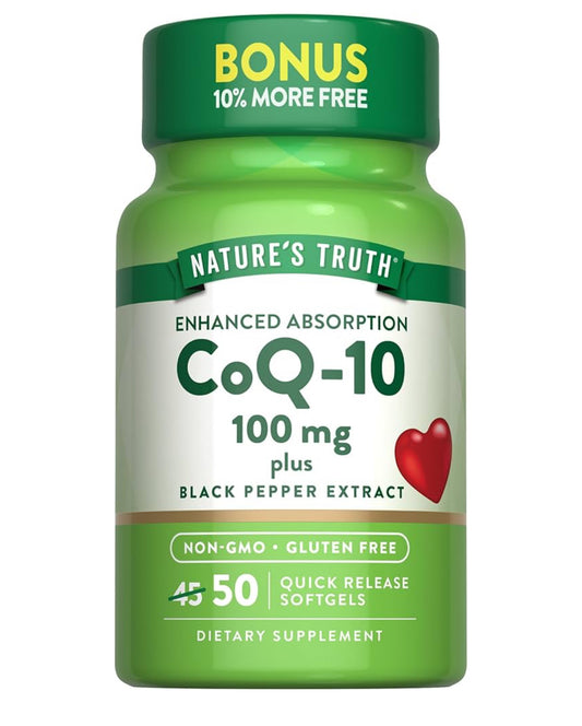 Nature's Truth CoQ-10 100mg Plus Black Pepper Extract | Enhanced Absorption CoQ10 | 50 Quick Release Softgels; Exp 04/2027