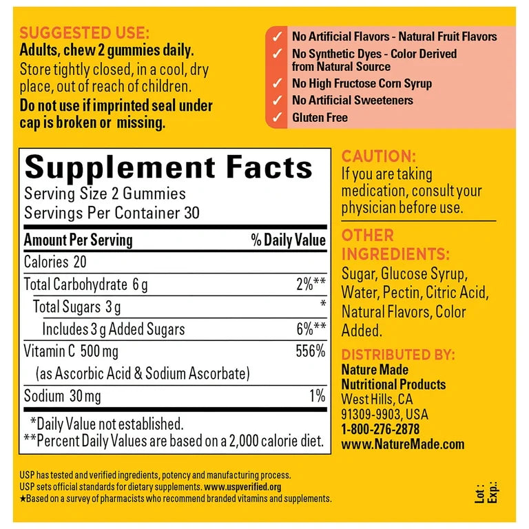 Nature Made Vitamin C 500 mg Per Serving | Extra Strength | Immune System Support | Tangerine Flavor, 60 Gummies Exp 10/2025