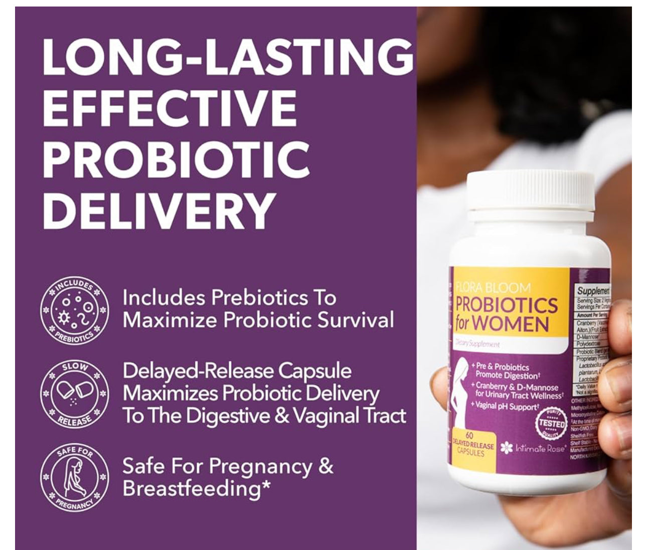 Intimate Rose Flora Bloom Probiotics for Women | with Cranberry & D-Mannose | Urinary Tract Wellness | Vagina pH Support | 60 Capsules; Exp 03/2026