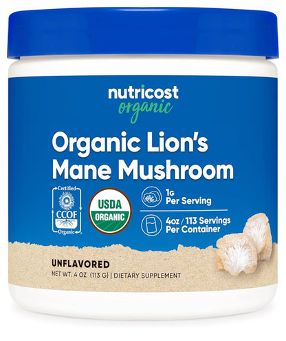 Nutricost 100% Organic Lion's Mane Mushroom Powder | 1000mg per Serving | 113 Servings | 100% Fruiting Body | 4oz/113g; Exp 11/2028