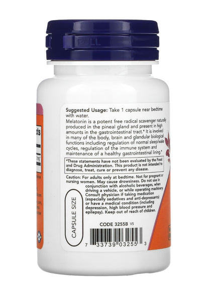 NOW Melatonin 3 mg | Free Radical Scavenger | Healthy Sleep Cycle | 60 Capsules; Exp 08/2029