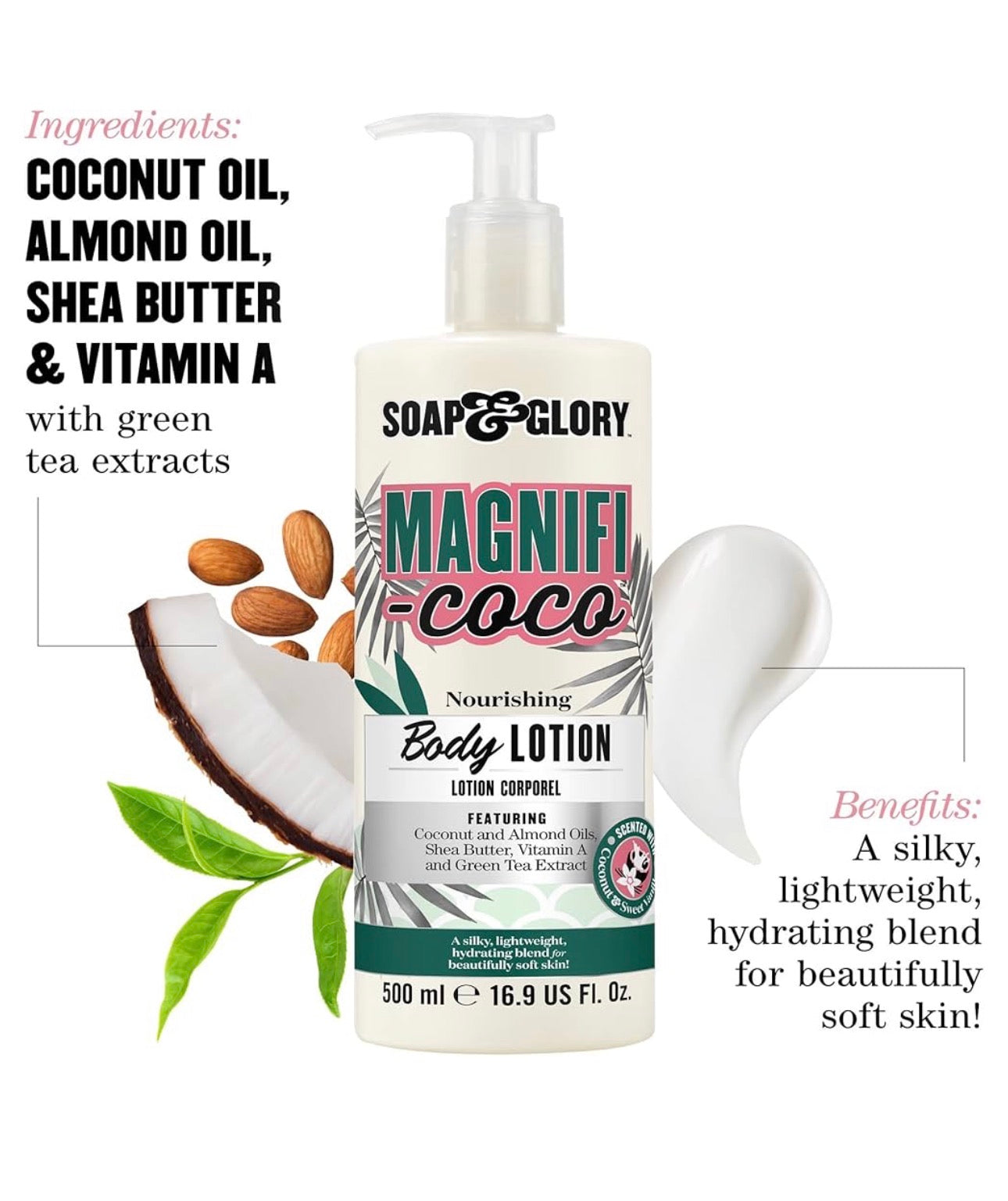 Soap & Glory Magnifi-Coco Body Lotion | Coconut Scented Lotion for Dry Skin with Almond Oil, Shea Butter, Vitamin A & Green Tea Extract | 500ml
