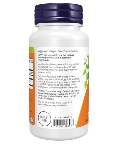 NOW Organic Spirulina 500mg with Vitamins, Minerals & GLA (Gamma-Linolenic Acid) | 100 Tablets; Exp 05/2029