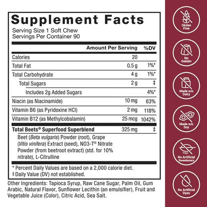 Force Factor Total Beets Soft Chews with Beetroot, Nitrates, L-Citrulline, Grapeseed Extract, & Antioxidants | Supports Heart Health Energy, Metabolism | Superfood | Açai Berry Flavor ~ 90 Soft Chews; Exp 03/2028