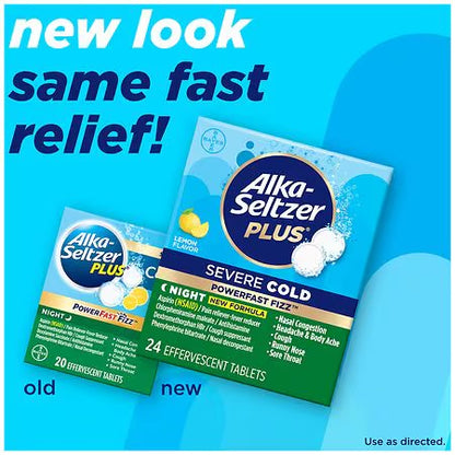 Alka-Seltzer (by Bayer) Plus Severe Cold PowerFast Fizz, Nighttime Cold Symptom Relief, 24 Effervescent Tablets Exp 01/2025