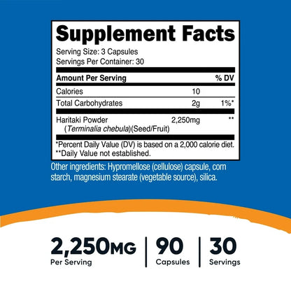 Nutricost Haritaki 2250mg (Terminalia Chebula) | Promotes Detoxification | 90 Capsules; Exp 04/2028