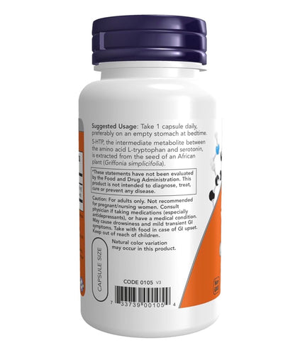 NOW 5-HTP 100mg (5-hydroxytryptophan) | Mood Support | Neurotransmitter Support | 60 Capsules; Exp 03/2031