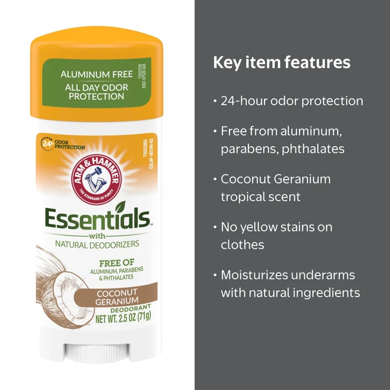 ARM & HAMMER Essentials Deodorant | Aluminium-Free | COCONUT GERANIUM | Solid Stick | 2.5oz /71g