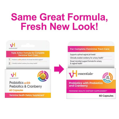 VH Essentials Probiotics With Prebiotics & Cranberry | For pH Balance, Vagina Odor Control, UTI Prevention & Improved Gut Health | 60 Capsules; Exp 12/2027 - ❗️New Packaging