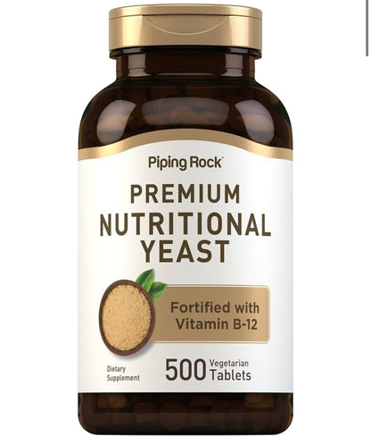 PipingRock Nutritional Yeast 2000mg Fortified with Vitamin B12 | Naturally Contains Thiamin (Vitamin B-1), Riboflavin (Vitamin B-2) & Niacin | 500 Tablets; Exp 08/2027