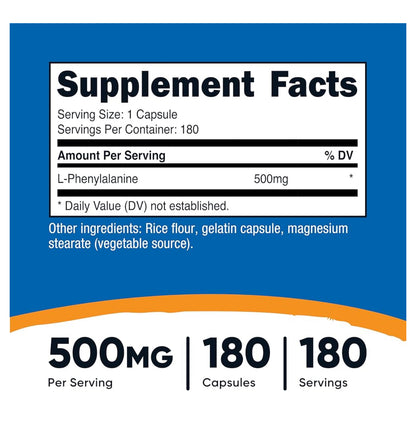 Nutricost L-Phenylalanine | Nervous System Support | Improves Mood & Decreases Stress Levels | Amino Acid | 180 Capsules; Exp 08/2027
