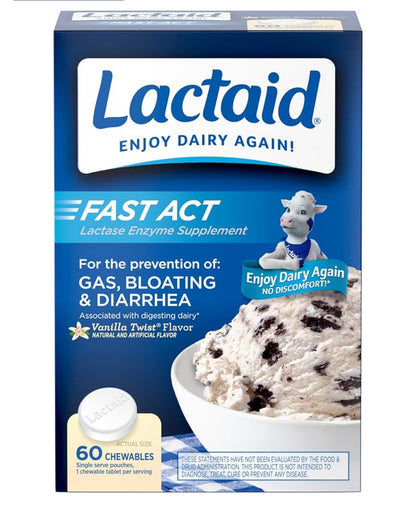 Lactaid Fast Act Lactase Enzymes | For The Prevention of Gas, Bloating, & Diarrhea Associated with Digesting Dairy | Vanilla Flavor ~ 60 Chewable Tablets; Exp 06/2027