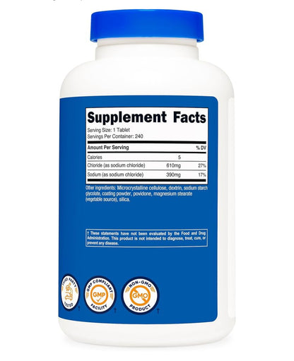 Nutricost Sodium Chloride 1000mg | Salt Tablets | Assists in Maintaining Optimal Hydration by Supporting Balanced Electrolyte Levels | 240 Tablets; Exp 12/2027