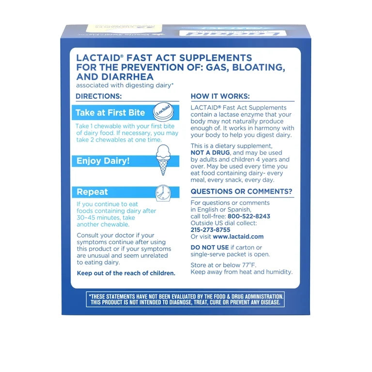 Lactaid Fast Act Lactase Enzymes | For The Prevention of Gas, Bloating, & Diarrhea Associated with Digesting Dairy | Vanilla Twist Flavor ~ 32 Chewable Tablets; Exp 11/2028