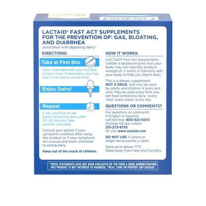 Lactaid Fast Act Lactase Enzymes | For The Prevention of Gas, Bloating, & Diarrhea Associated with Digesting Dairy | Vanilla Twist Flavor ~ 32 Chewable Tablets; Exp 11/2028