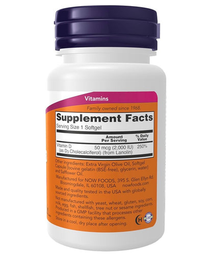 NOW Vitamin D3 2000 IU (50mcg) | Immune and Hormonal Support | 120 Softgels; Exp 06/2029