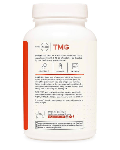 TypeZero TMG Trimethylglycine (Betaine Anhydrous) | Supports Detoxification | Promotes Healthy Liver Function & Normal Homocysteine Levels | 120 Capsules; Exp 03/2027